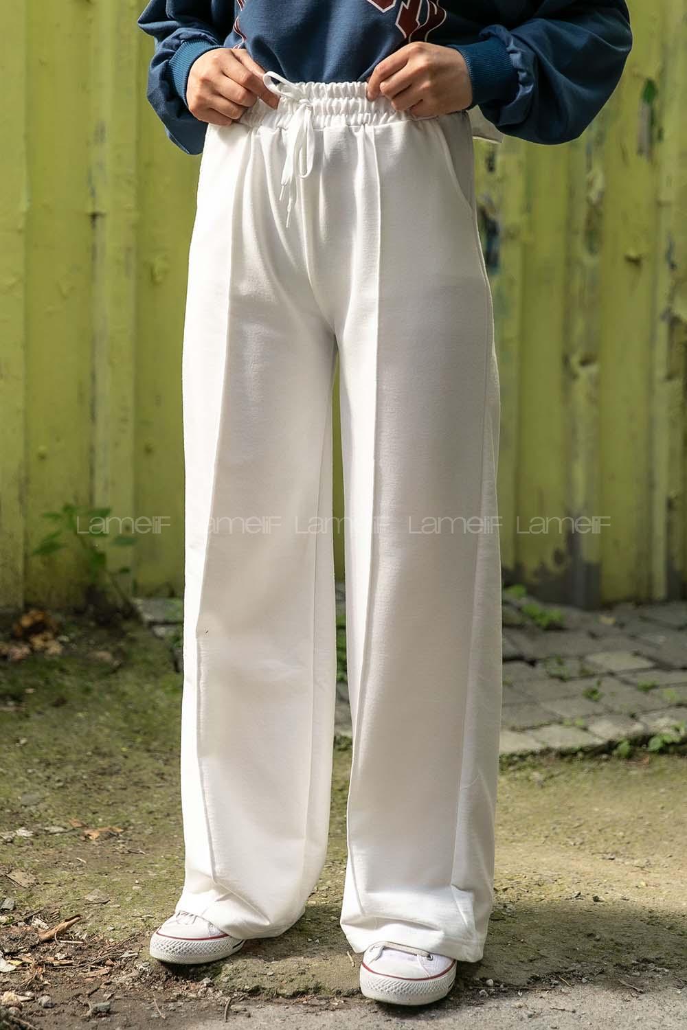 Modalamelif Bol Paça Çımalı Eşofman Beyaz