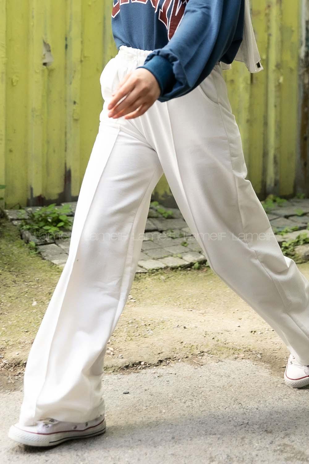 Modalamelif Bol Paça Çımalı Eşofman Beyaz