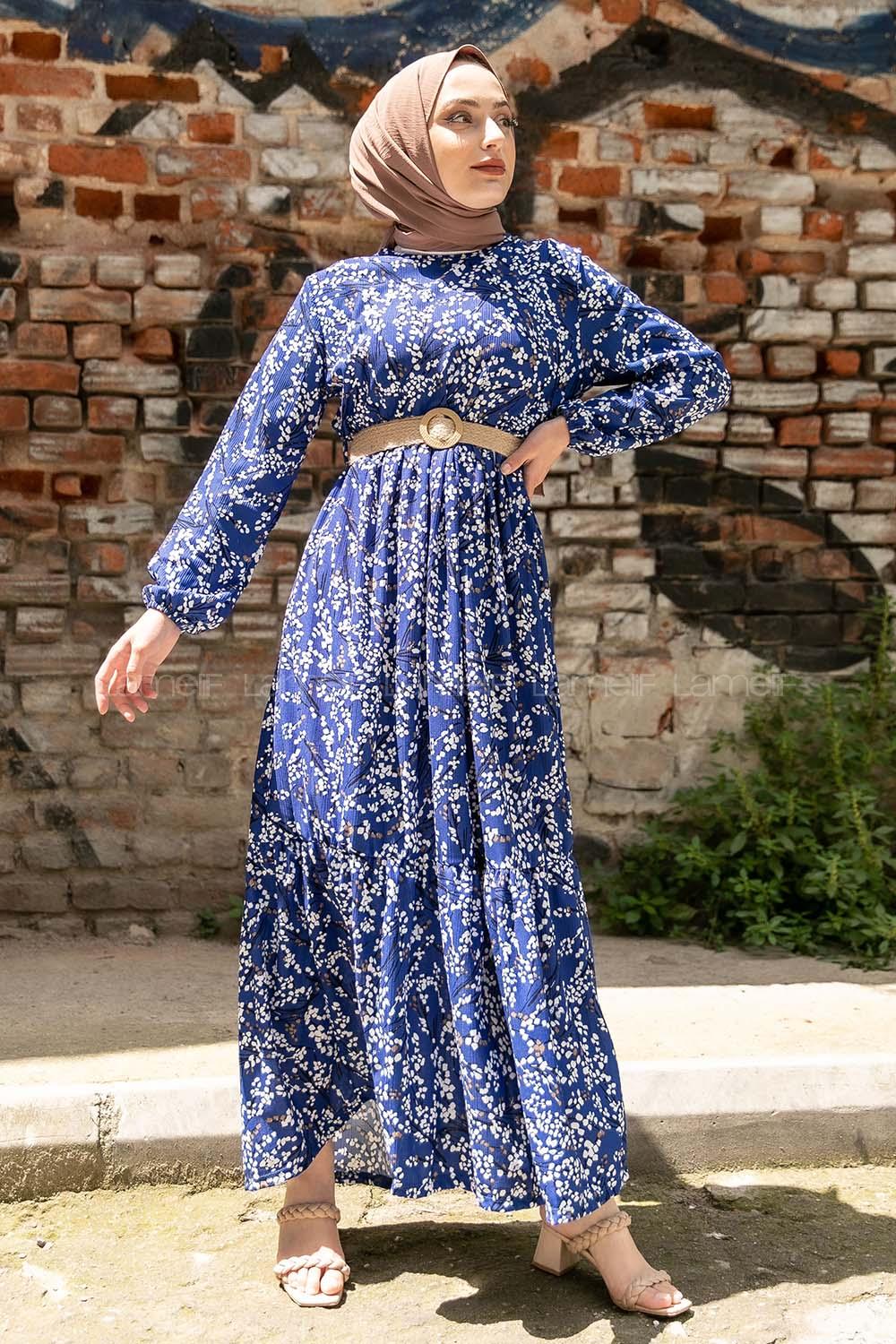 Modalamelif Çiçek Desen Hasır Kemerli Elbise İndigo