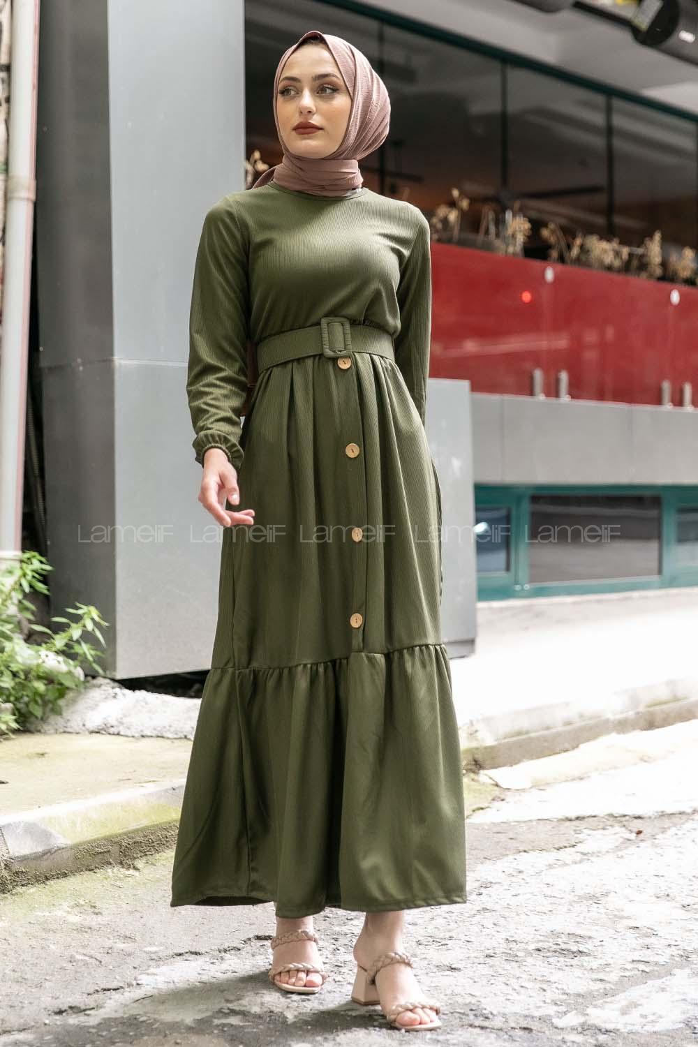 Modalamelif Eteği Yarım Düğmeli Kaplama Kemerli Elbise Haki