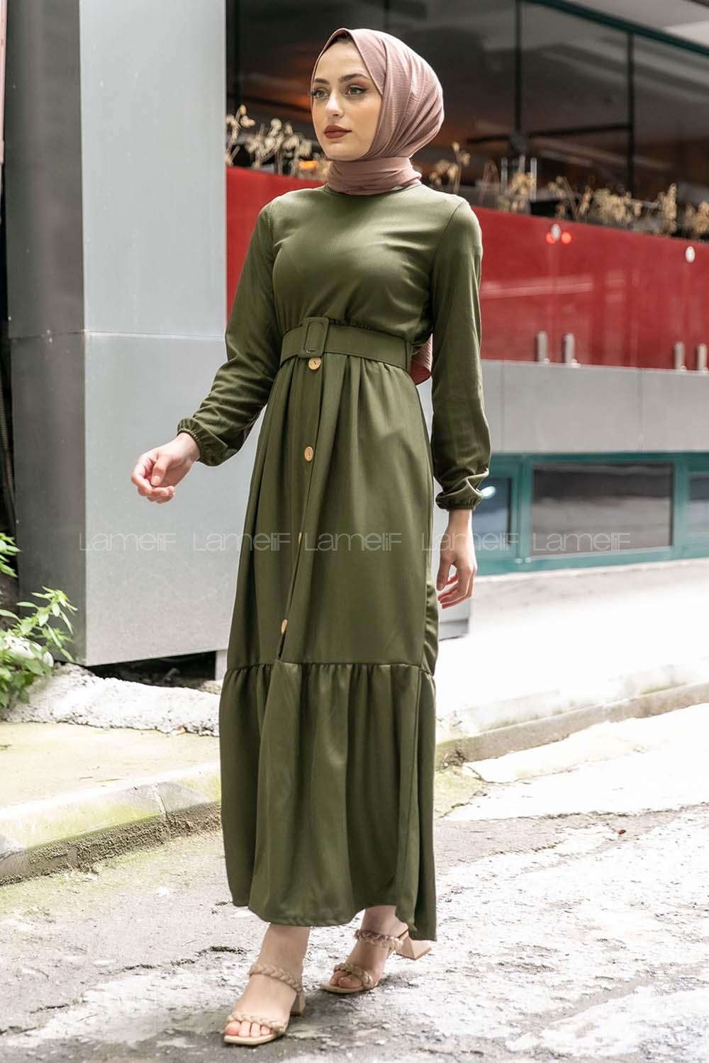 Modalamelif Eteği Yarım Düğmeli Kaplama Kemerli Elbise Haki