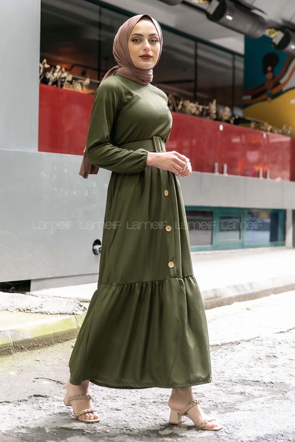 Modalamelif Eteği Yarım Düğmeli Kaplama Kemerli Elbise Haki