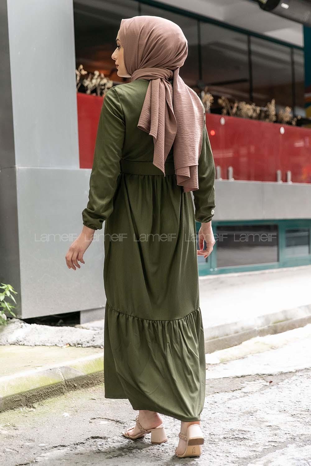 Modalamelif Eteği Yarım Düğmeli Kaplama Kemerli Elbise Haki