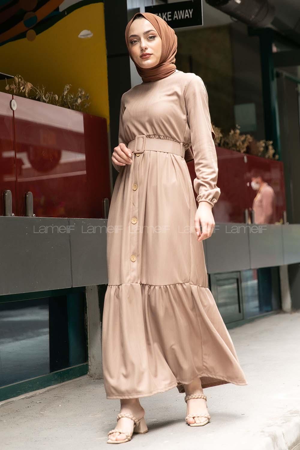 Modalamelif Eteği Yarım Düğmeli Kaplama Kemerli Elbise Sütlü Kahve