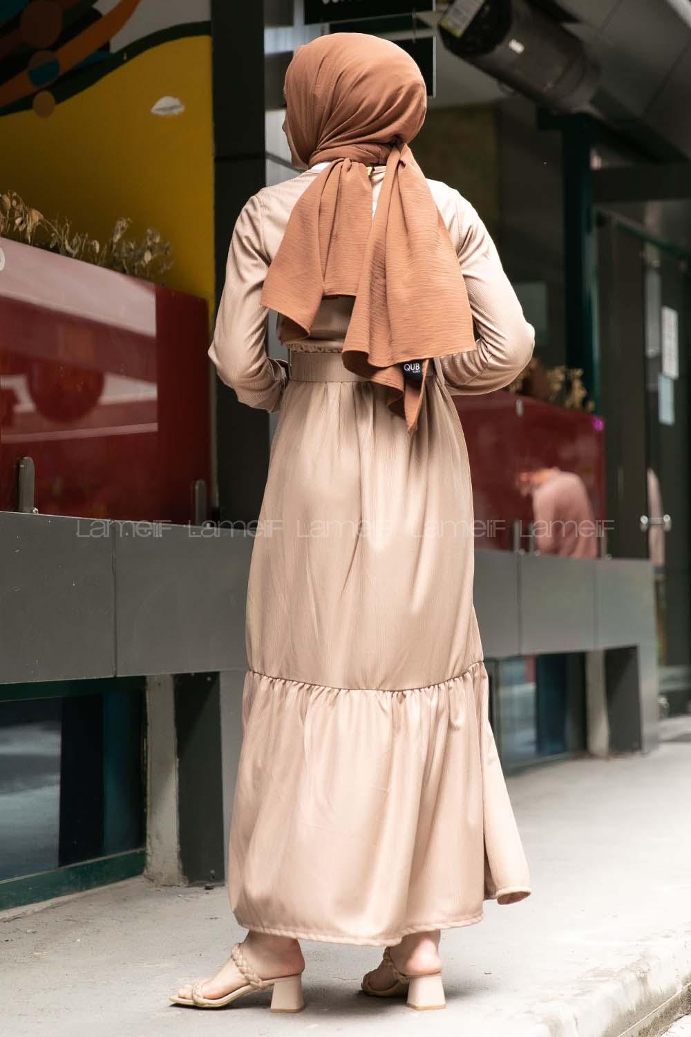 Modalamelif Eteği Yarım Düğmeli Kaplama Kemerli Elbise Sütlü Kahve