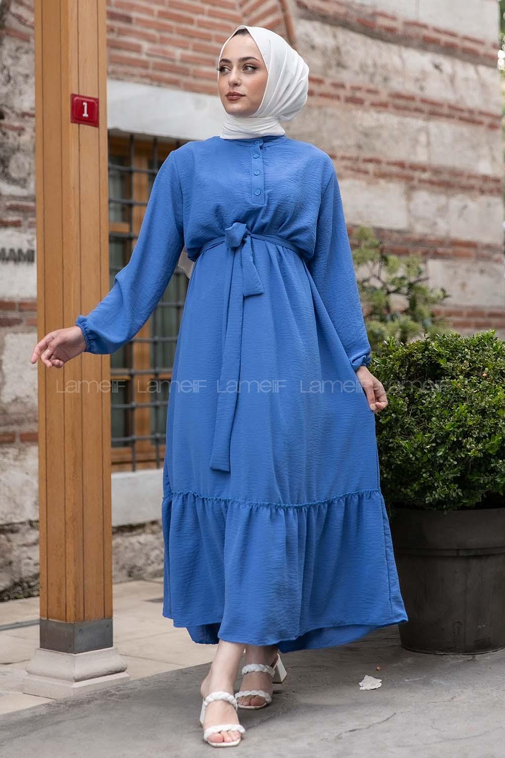Modalamelif Hakim Yaka Kuşaklı Elbise İndigo