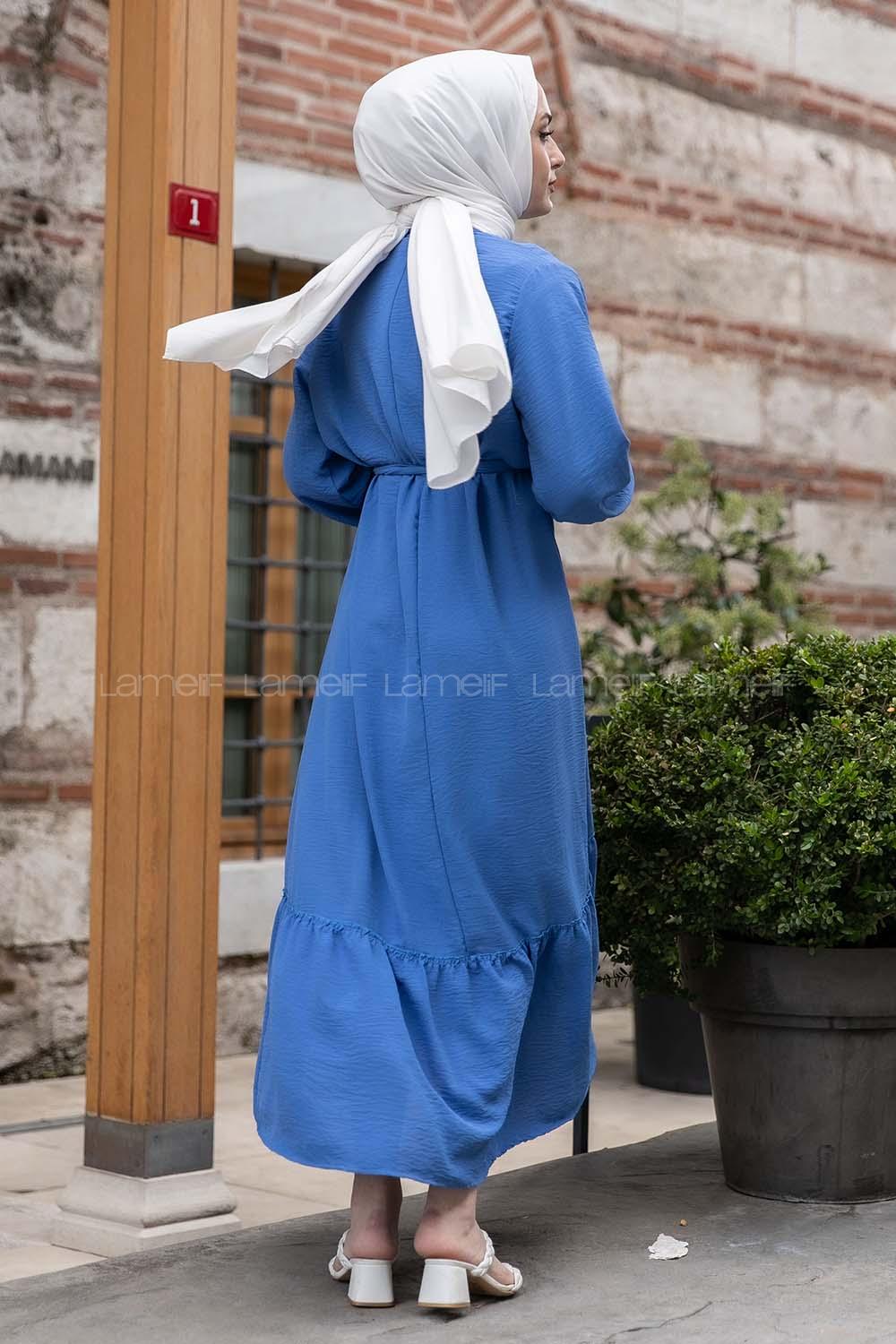 Modalamelif Hakim Yaka Kuşaklı Elbise İndigo