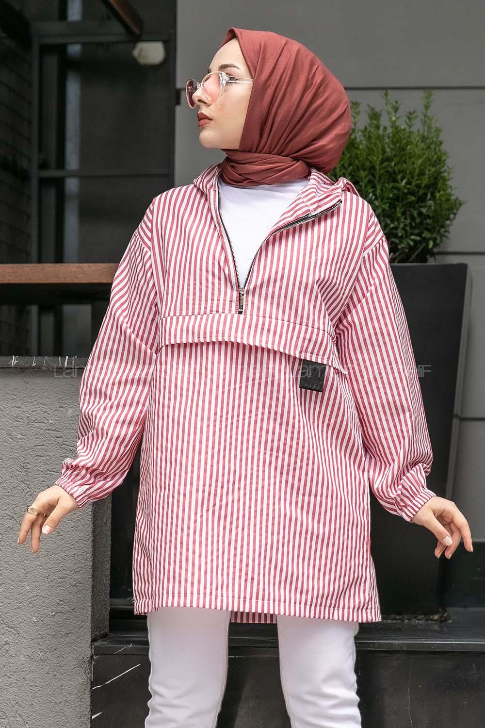 Modalamelif Kanguru Cep Çizgili Tunik Gül