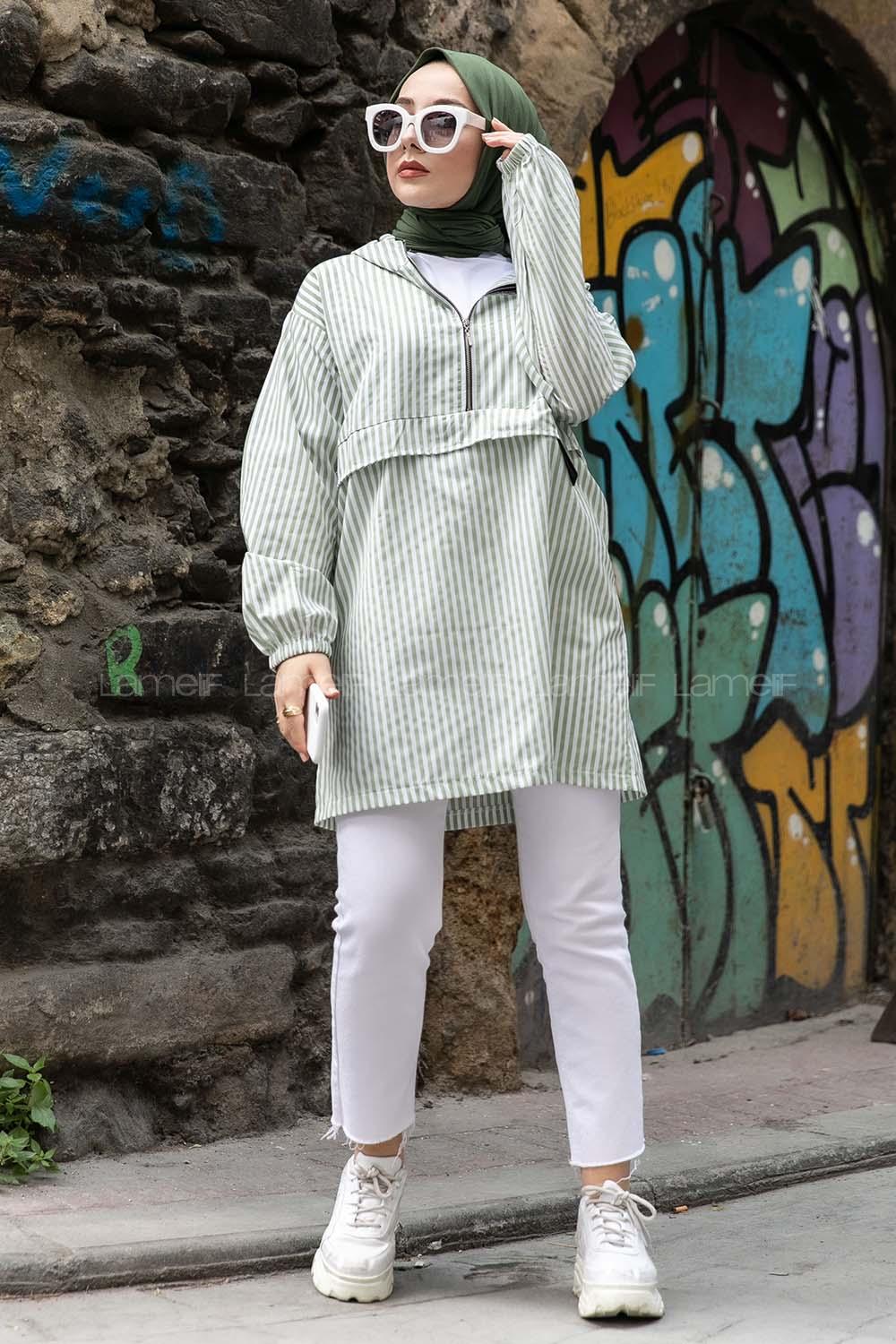 Modalamelif Kanguru Cep Çizgili Tunik Yeşil