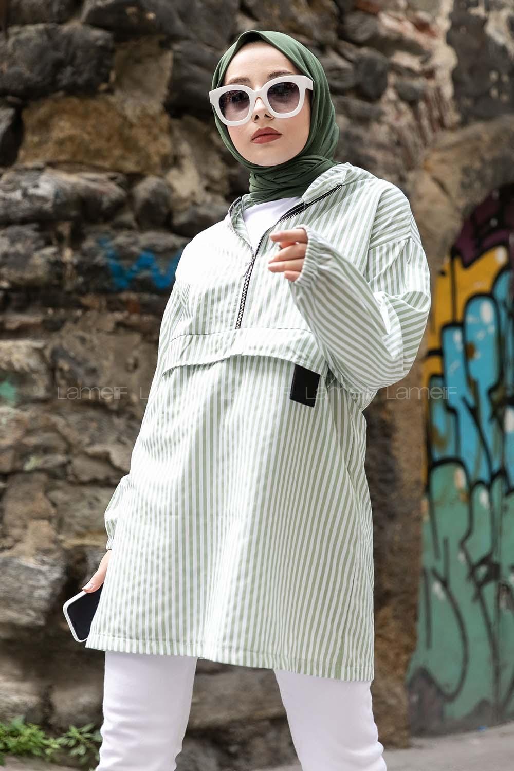 Modalamelif Kanguru Cep Çizgili Tunik Yeşil