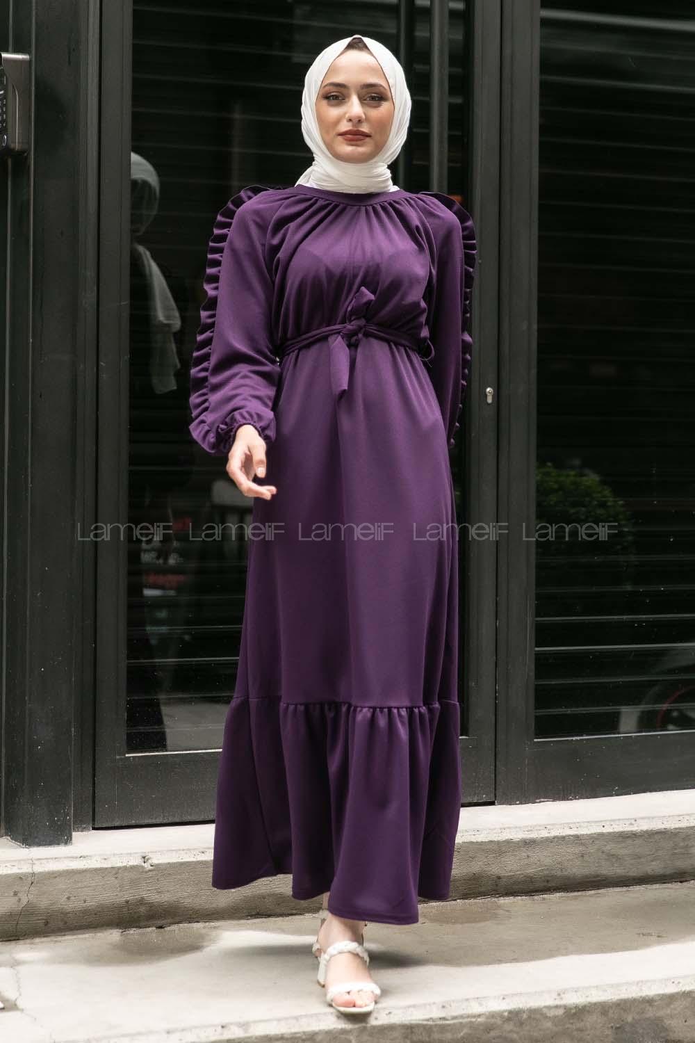 Modalamelif Kol Fırfırlı Kuşak Kemerli Ayrobin Elbise Mor
