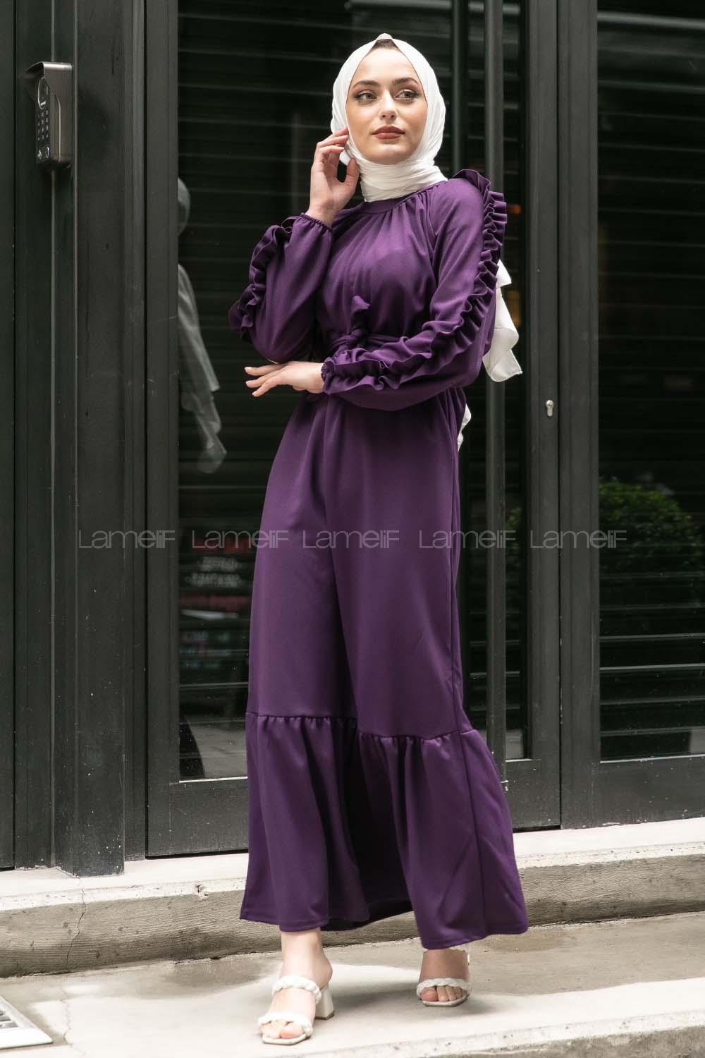 Modalamelif Kol Fırfırlı Kuşak Kemerli Ayrobin Elbise Mor