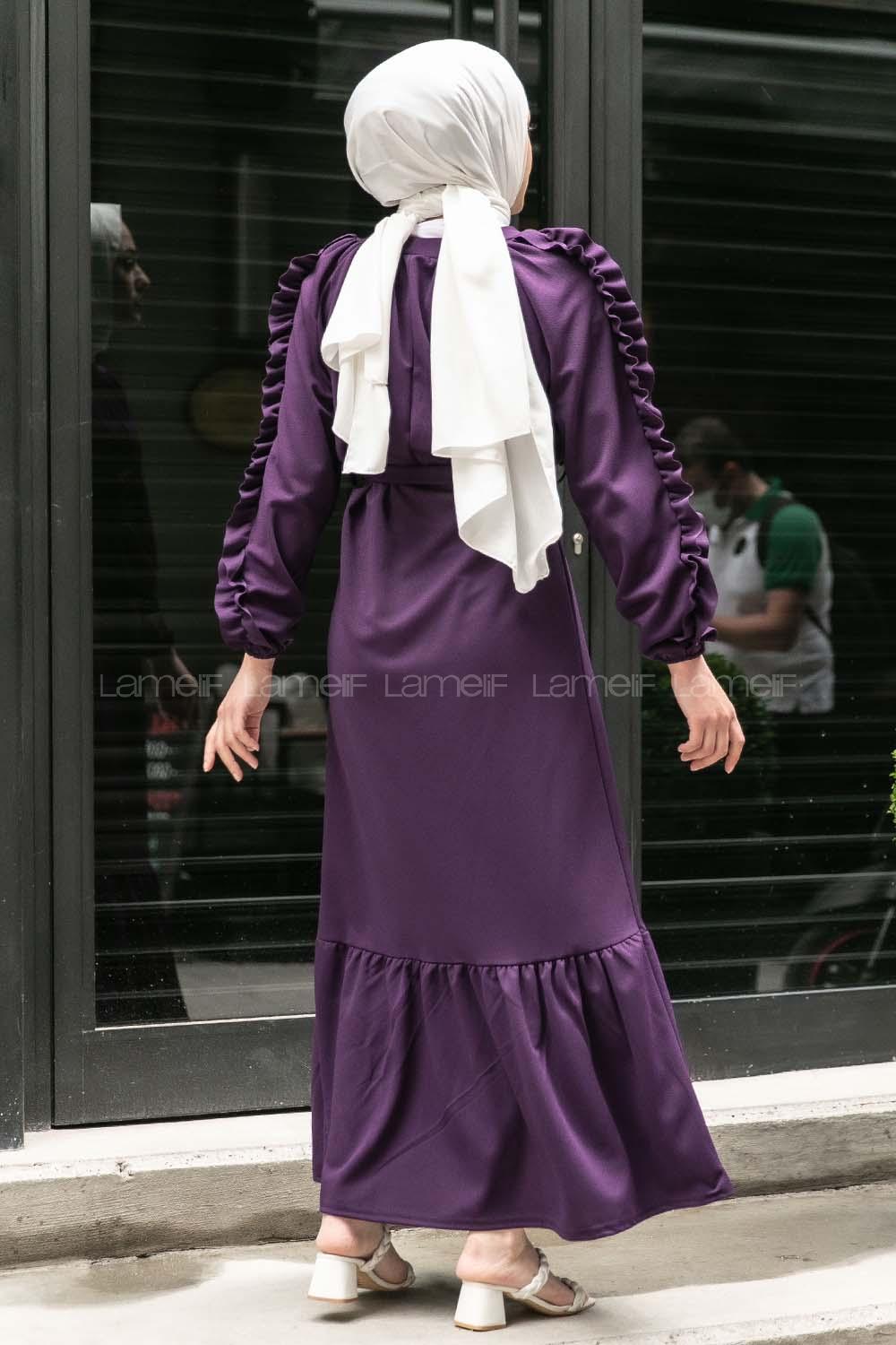 Modalamelif Kol Fırfırlı Kuşak Kemerli Ayrobin Elbise Mor