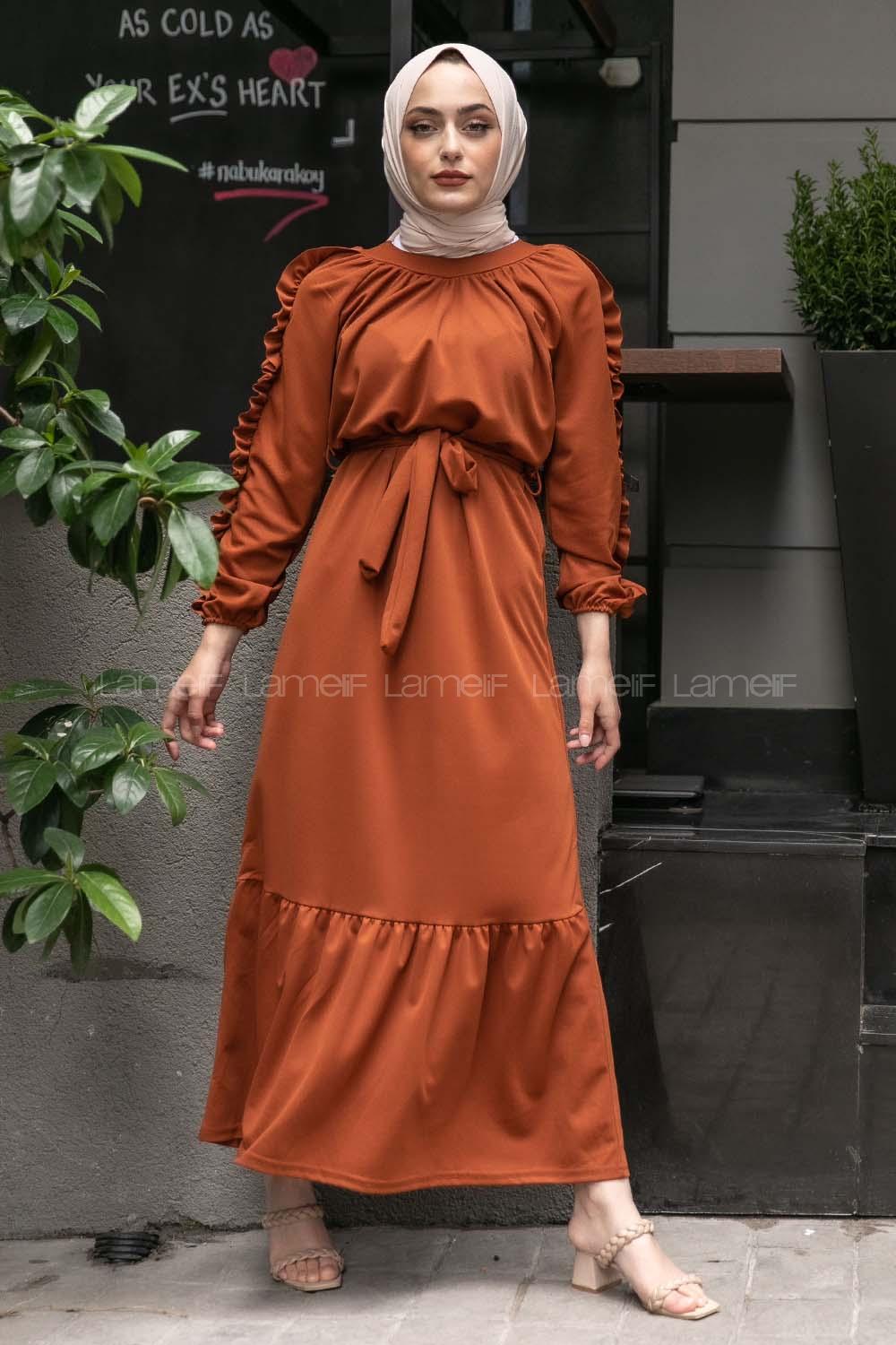 Modalamelif Kol Fırfırlı Kuşak Kemerli Ayrobin Elbise Taba