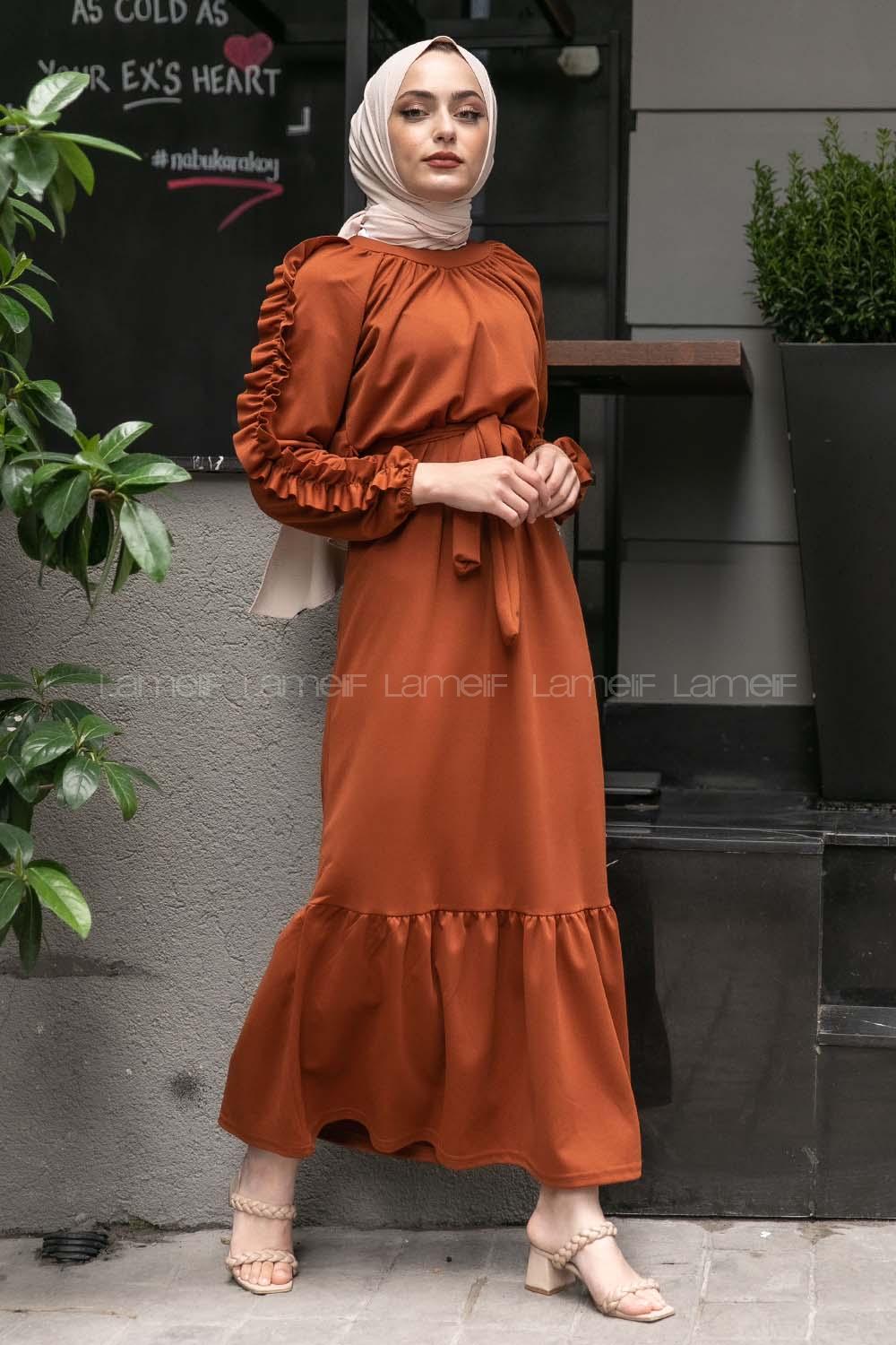 Modalamelif Kol Fırfırlı Kuşak Kemerli Ayrobin Elbise Taba