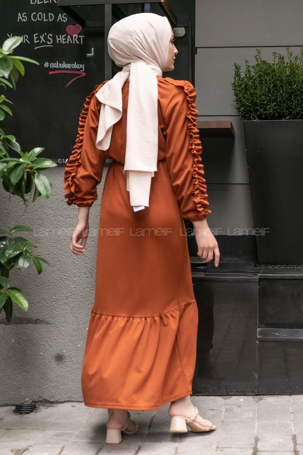 Modalamelif Kol Fırfırlı Kuşak Kemerli Ayrobin Elbise Taba