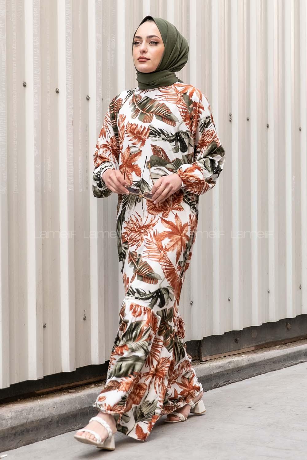 Modalamelif Kolu Lastikli  Eteği Fırfırılı Yaprak Desenli Elbise Camel