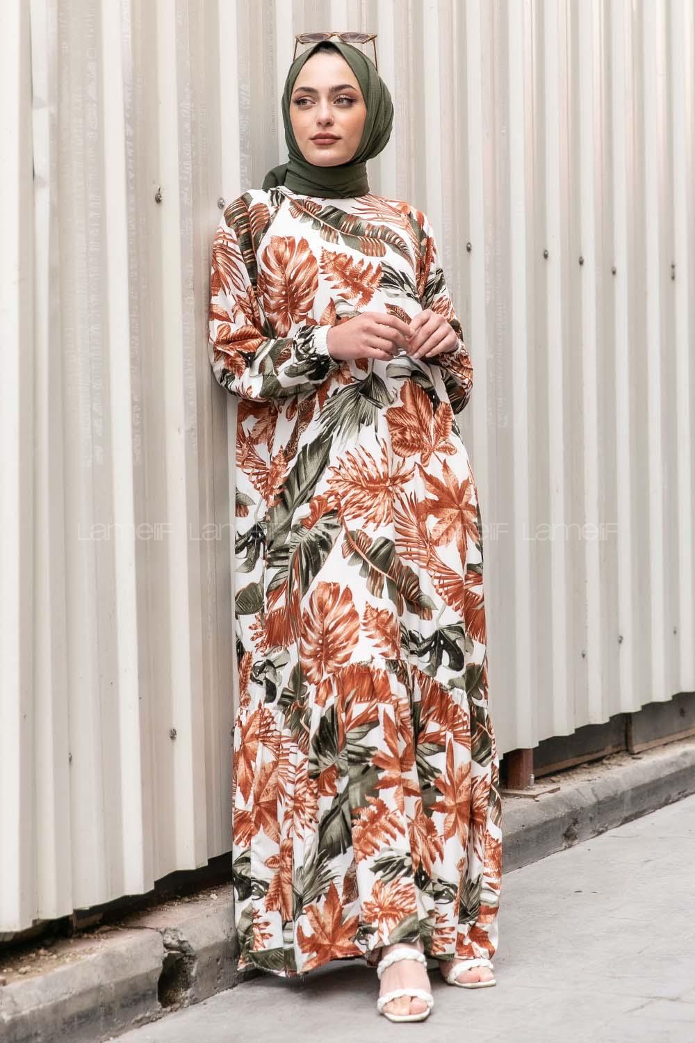 Modalamelif Kolu Lastikli  Eteği Fırfırılı Yaprak Desenli Elbise Camel