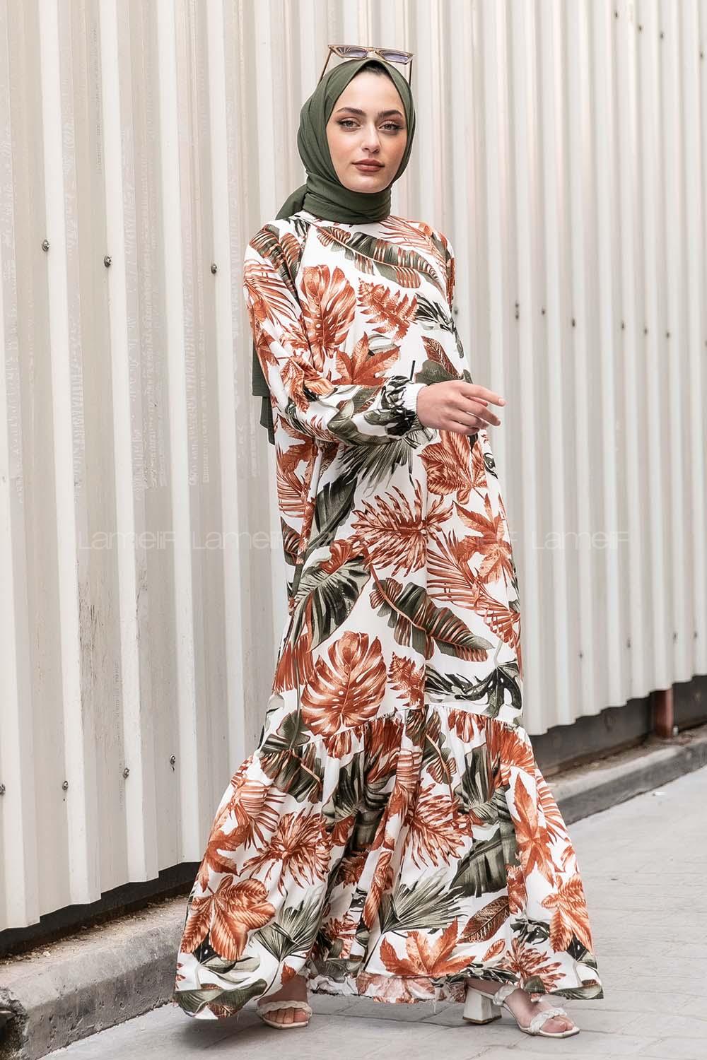 Modalamelif Kolu Lastikli  Eteği Fırfırılı Yaprak Desenli Elbise Camel