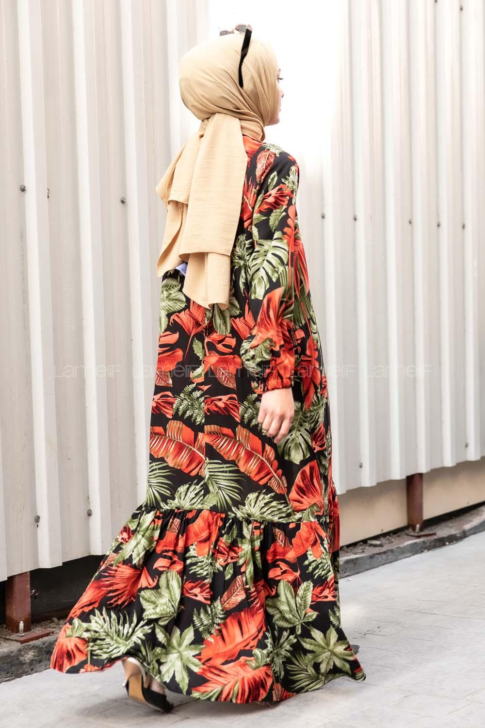 Modalamelif Kolu Lastikli  Eteği Fırfırılı Yaprak Desenli Elbise Siyah