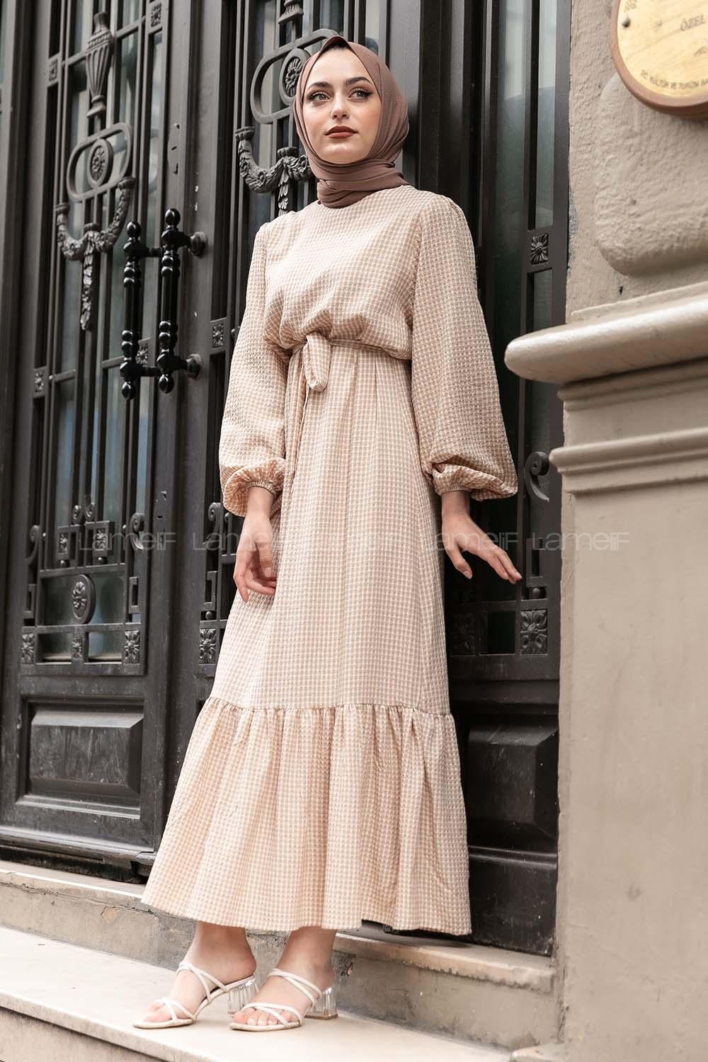 Modalamelif Kuşak Bağlamalı Pötikare  Elbise Sütlü Kahve