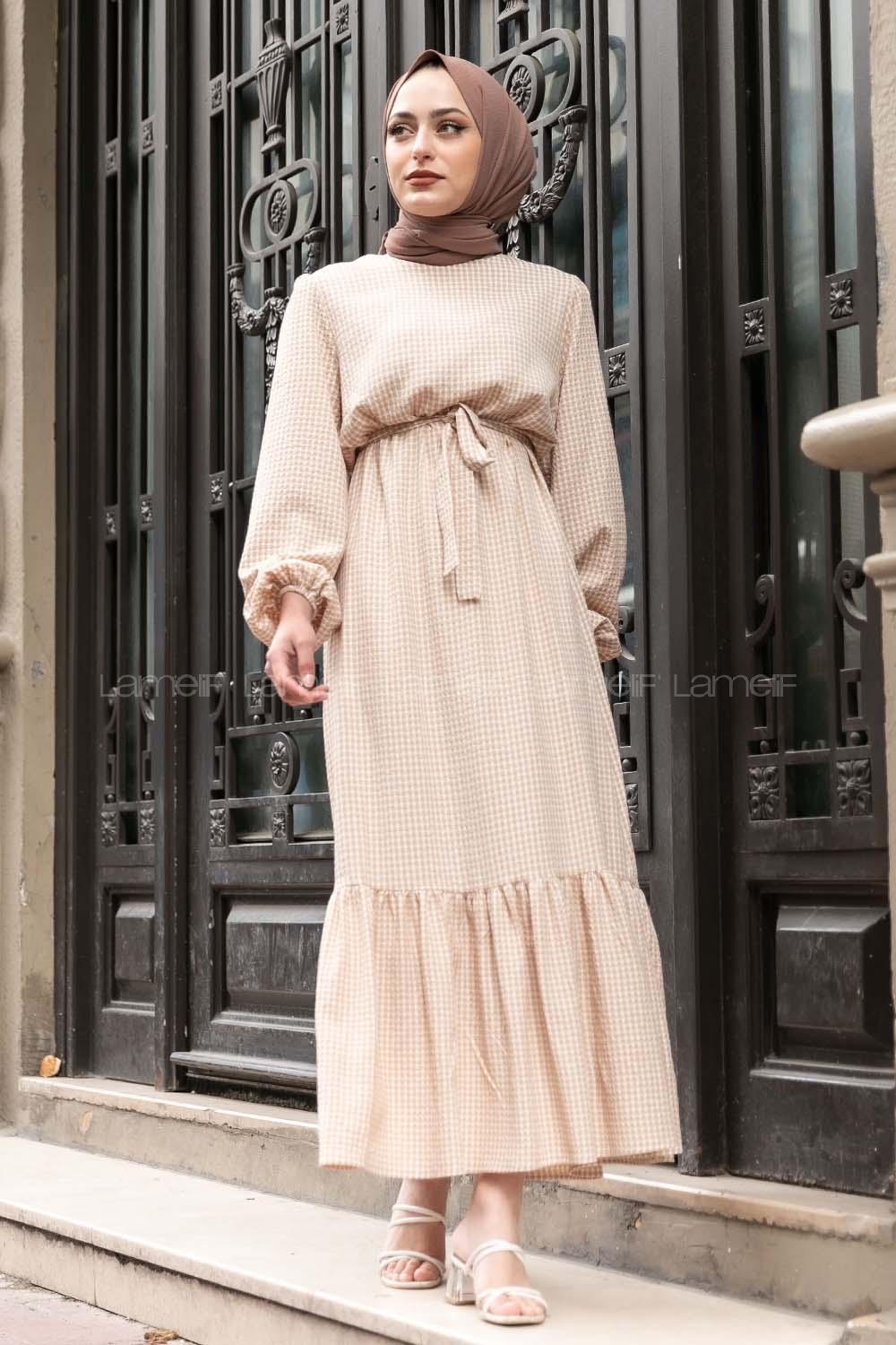 Modalamelif Kuşak Bağlamalı Pötikare  Elbise Sütlü Kahve