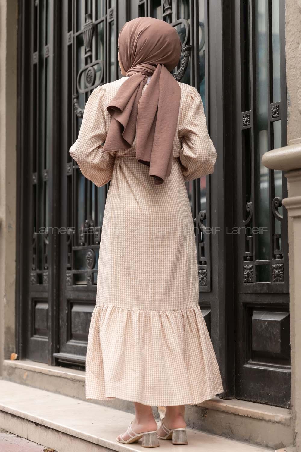 Modalamelif Kuşak Bağlamalı Pötikare  Elbise Sütlü Kahve