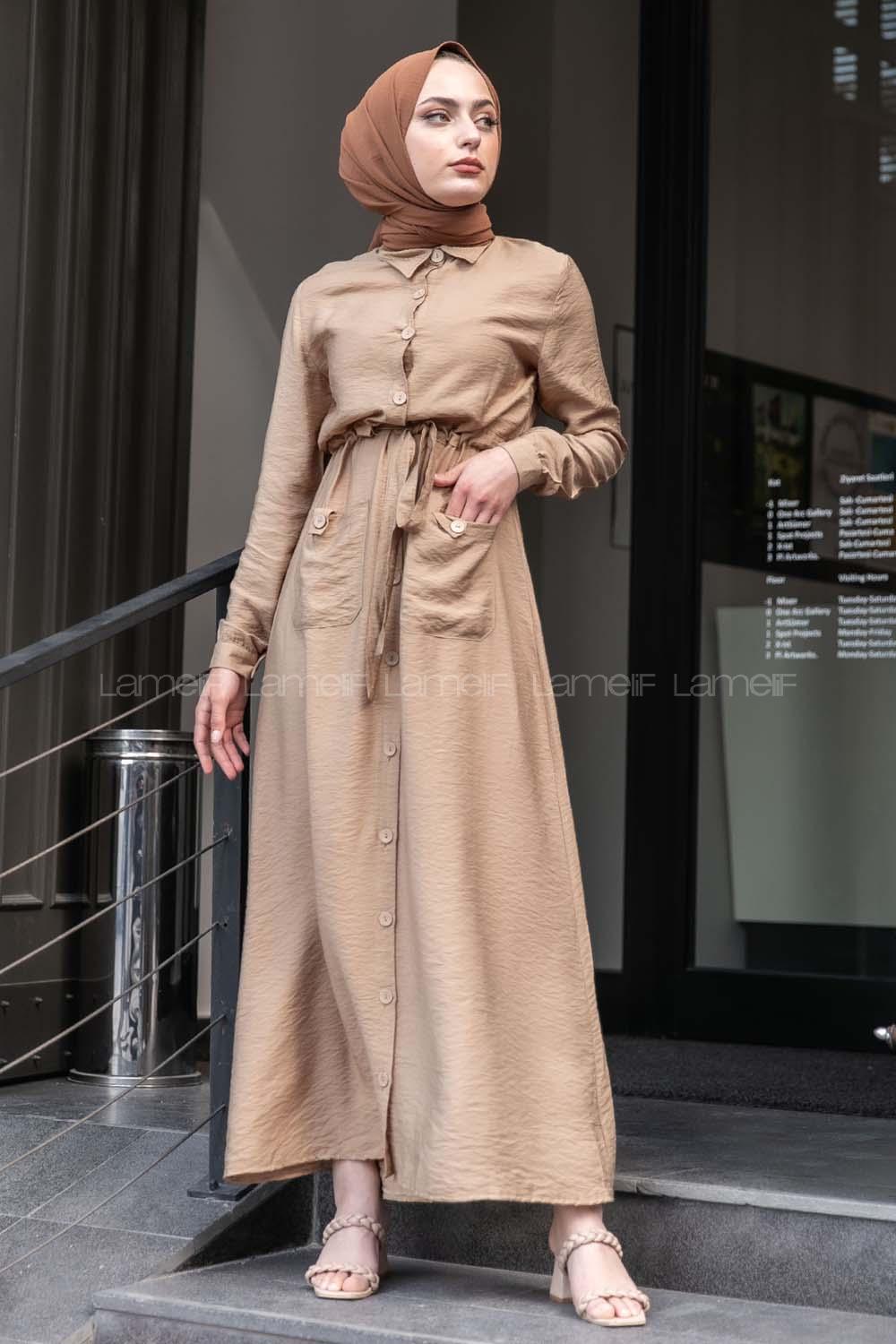 Modalamelif Önü Boy Düğmeli Beli Kuşaklı  Elbise Camel