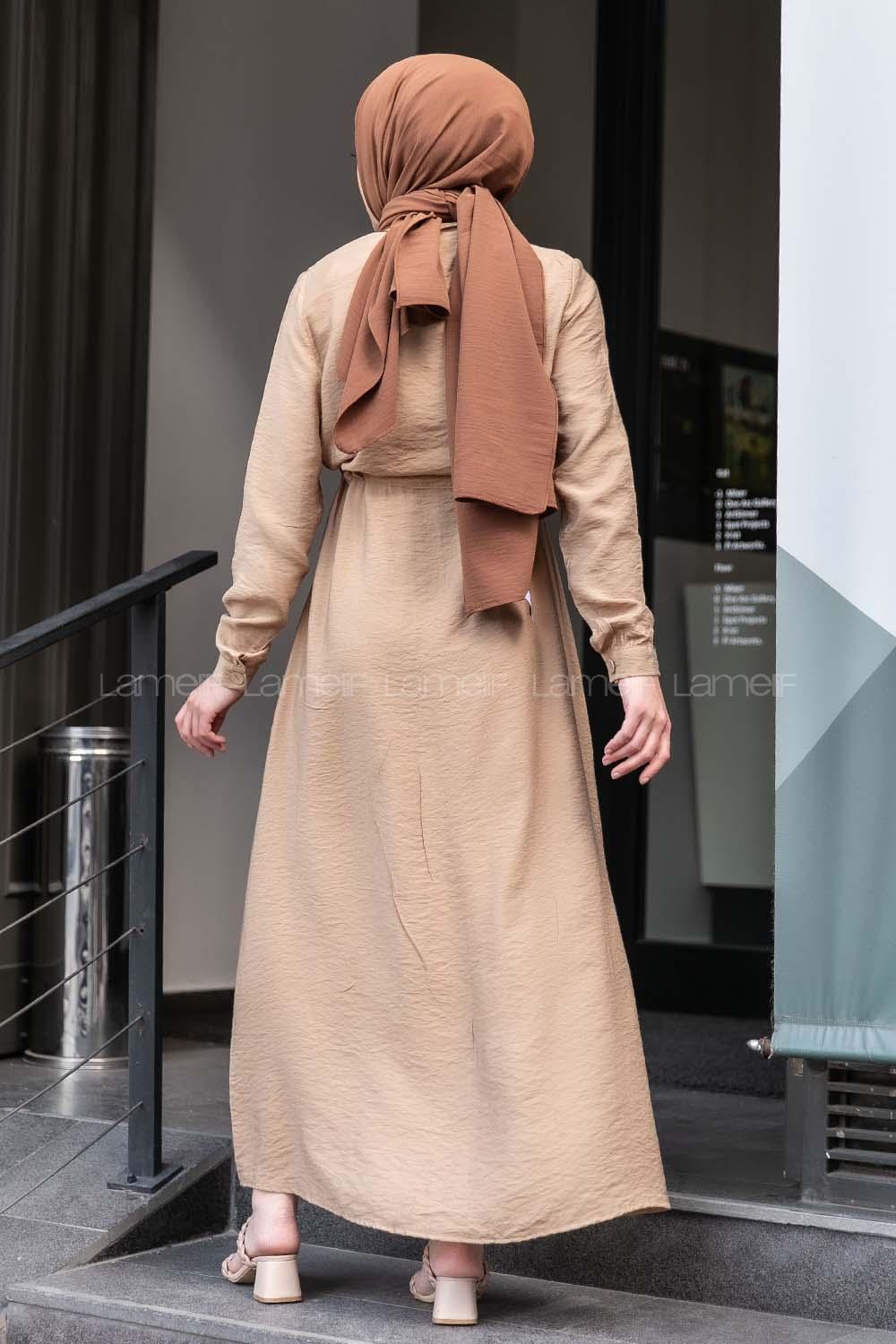 Modalamelif Önü Boy Düğmeli Beli Kuşaklı  Elbise Camel