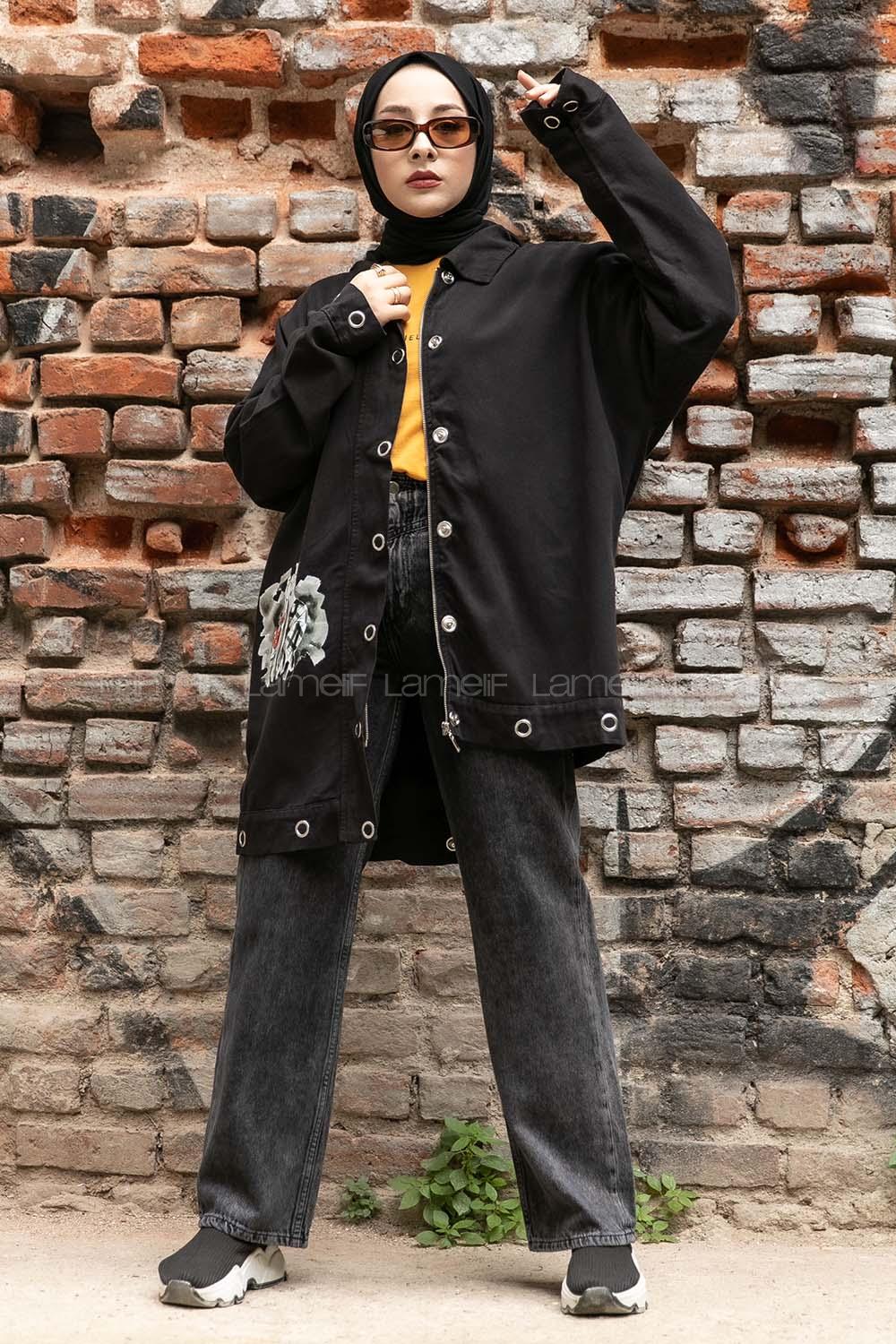 Modalamelif Önü Çıt Çıt Düğmeli Kız Baskılı Ceket Siyah