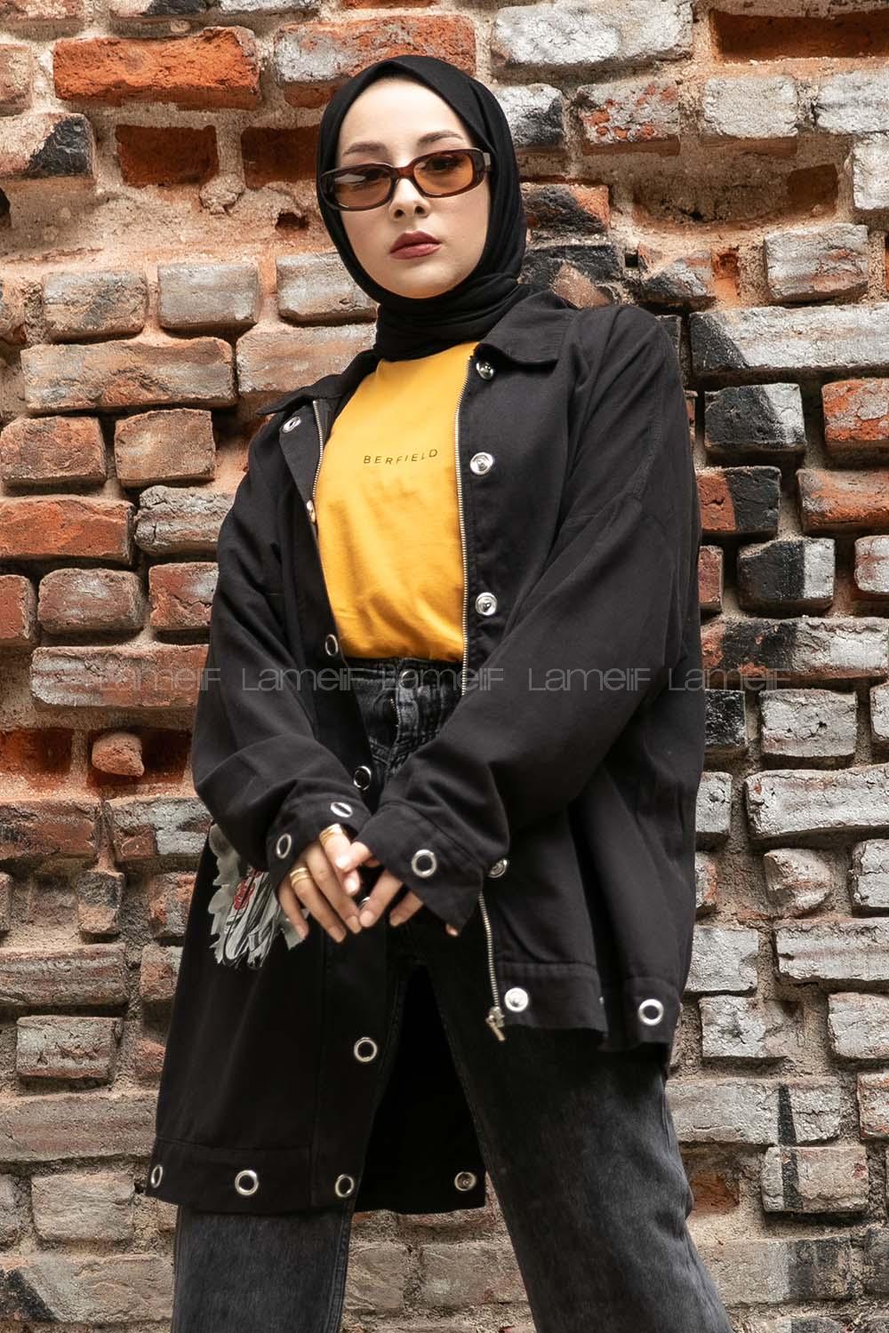 Modalamelif Önü Çıt Çıt Düğmeli Kız Baskılı Ceket Siyah