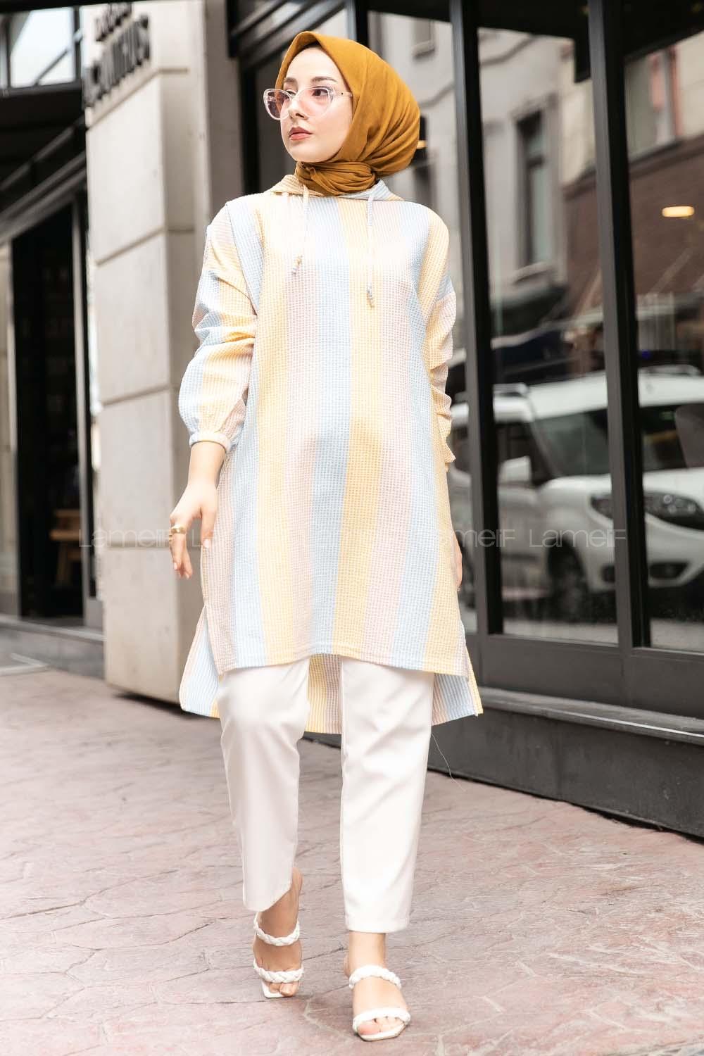 Modalamelif Renk Garnili Kapşonlu Tunik Açık Mavi