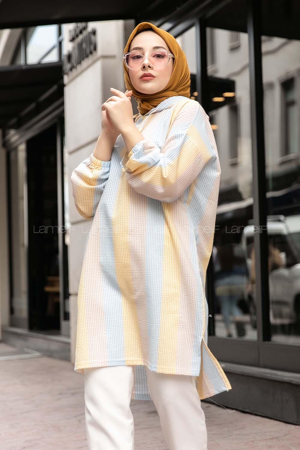 Modalamelif Renk Garnili Kapşonlu Tunik Açık Mavi