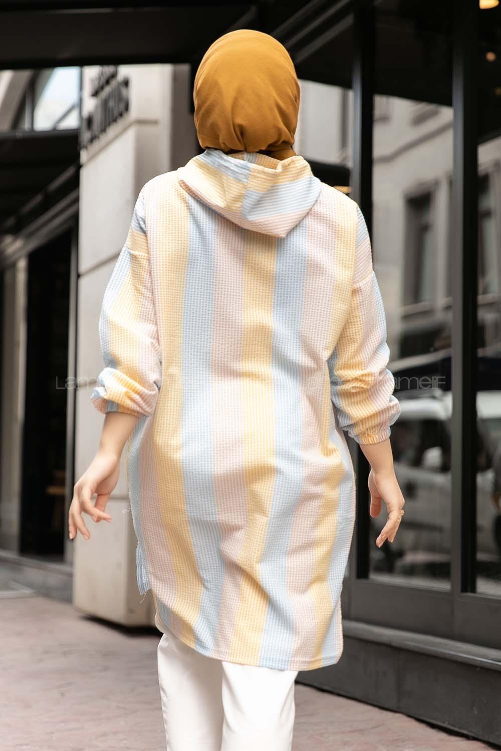 Modalamelif Renk Garnili Kapşonlu Tunik Açık Mavi