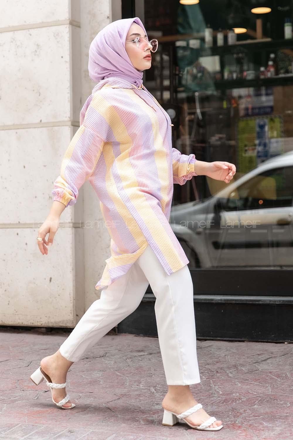 Modalamelif Renk Garnili Kapşonlu Tunik Lila