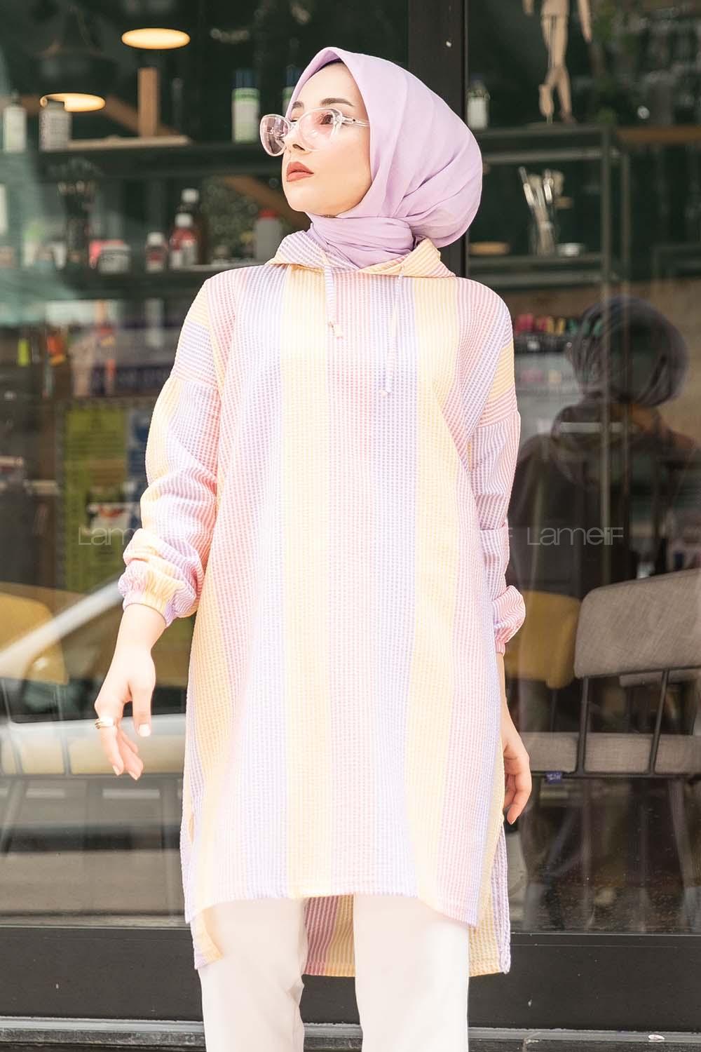 Modalamelif Renk Garnili Kapşonlu Tunik Lila