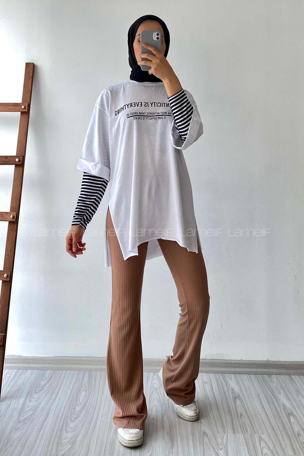 Modalamelif Authencıty Yazılı Yan Yırtmaçlı Oversize T-Shirt Beyaz