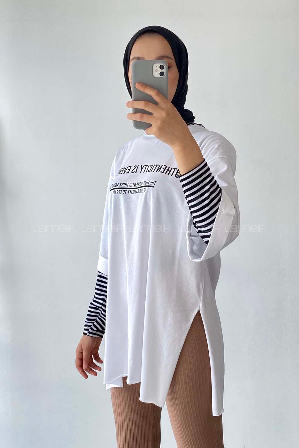 Modalamelif Authencıty Yazılı Yan Yırtmaçlı Oversize T-Shirt Beyaz