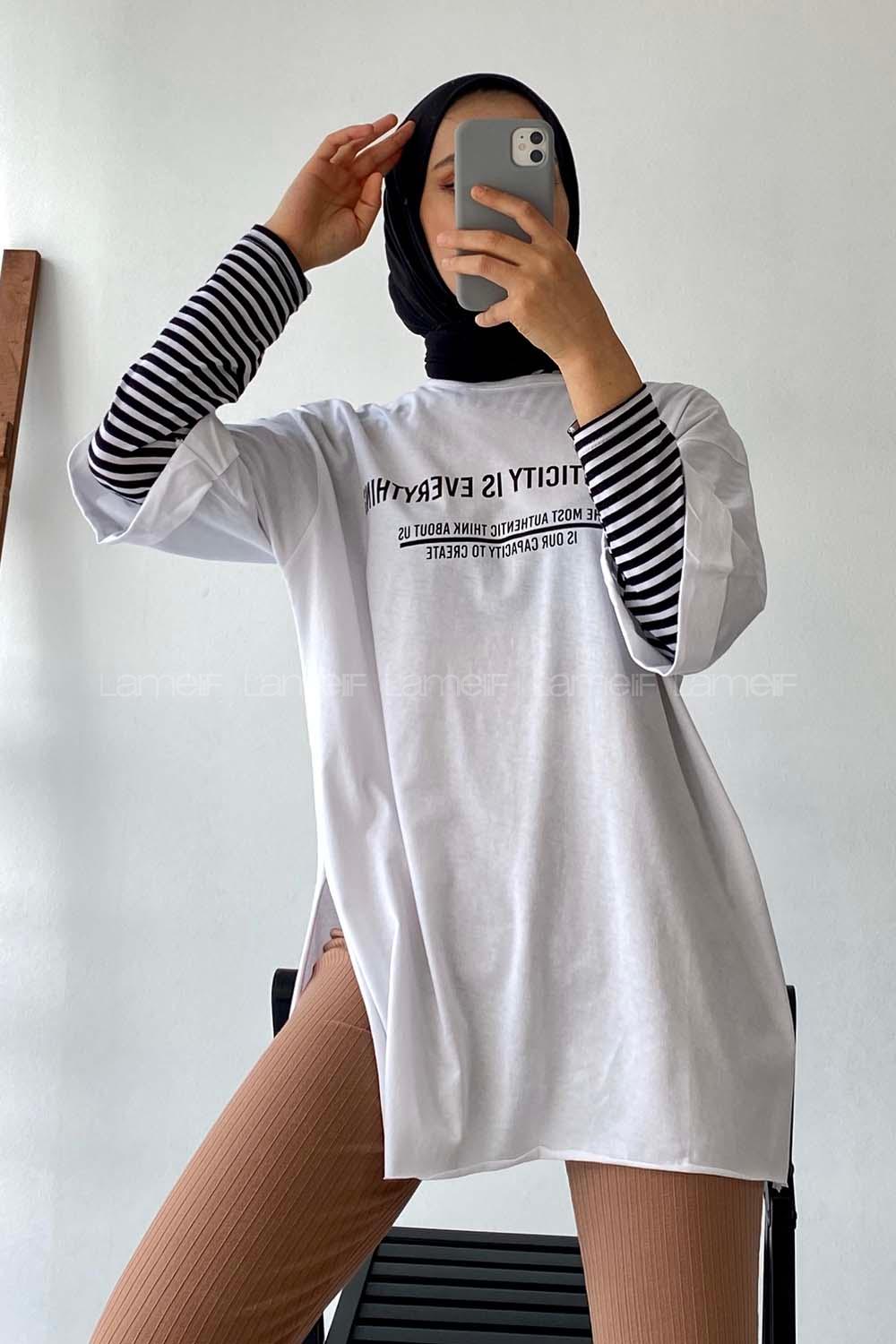 Modalamelif Authencıty Yazılı Yan Yırtmaçlı Oversize T-Shirt Beyaz