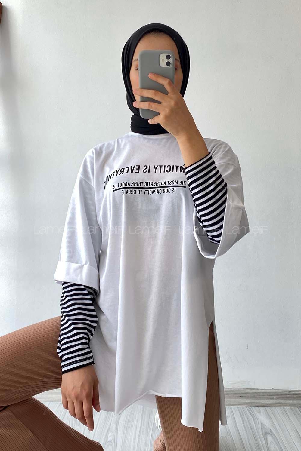 Modalamelif Authencıty Yazılı Yan Yırtmaçlı Oversize T-Shirt Beyaz