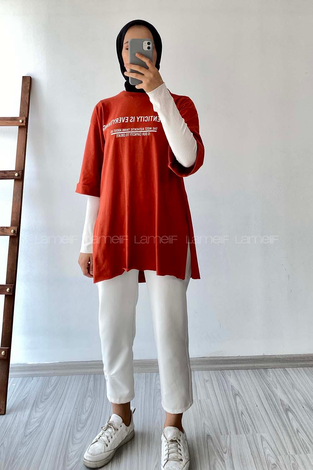 Modalamelif Authencıty Yazılı Yan Yırtmaçlı Oversize T-Shirt Taba