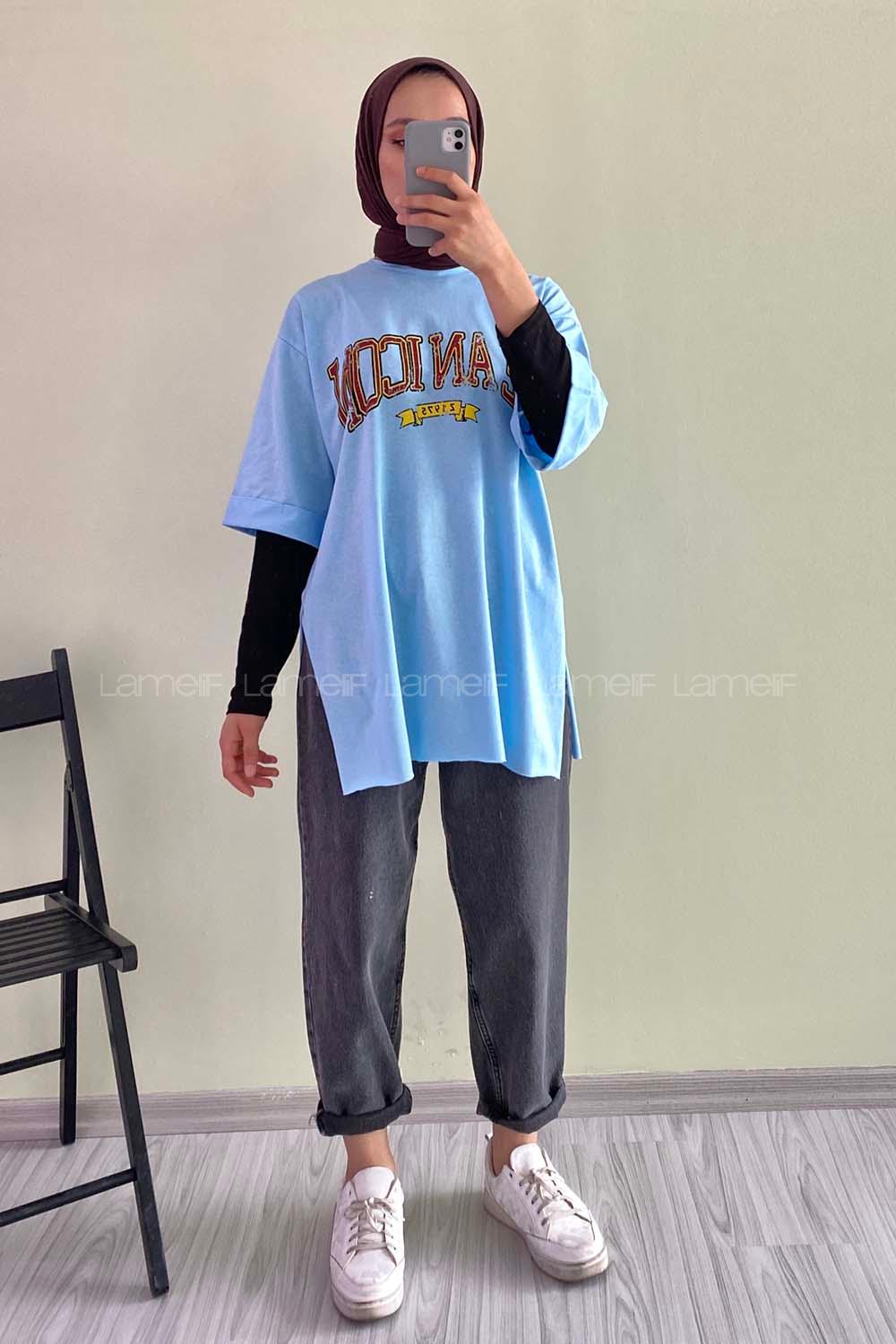 Modalamelif Beanıcon Yazılı Yan Yırtmaçlı Oversize T-Shirt Bebe Mavisi