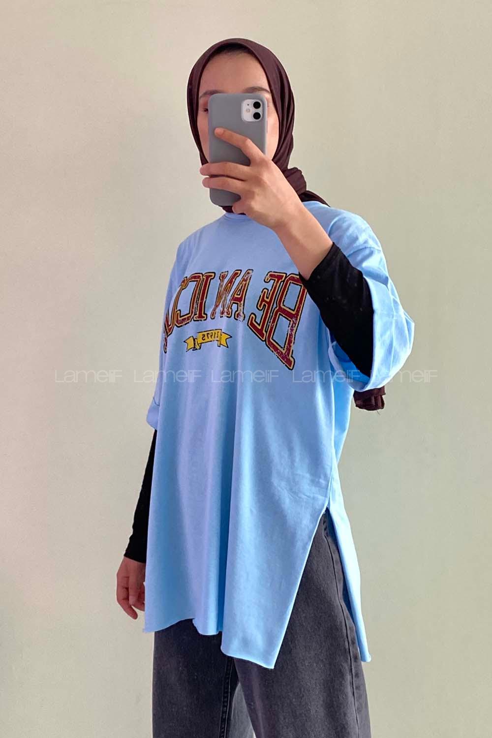 Modalamelif Beanıcon Yazılı Yan Yırtmaçlı Oversize T-Shirt Bebe Mavisi