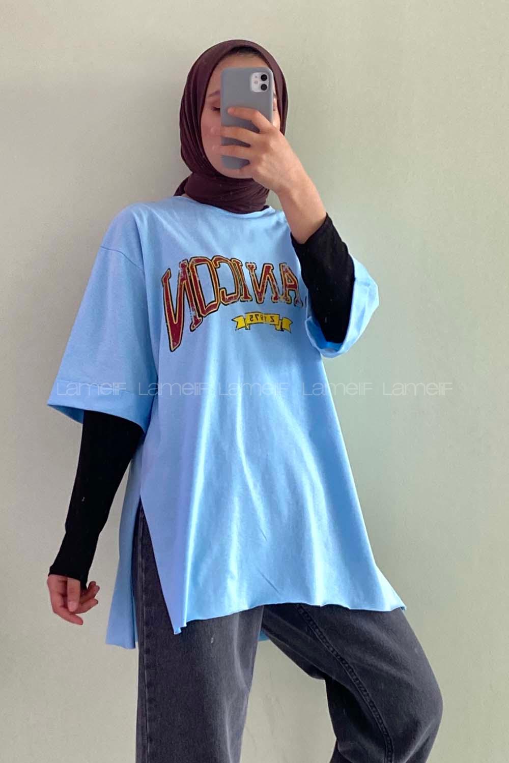 Modalamelif Beanıcon Yazılı Yan Yırtmaçlı Oversize T-Shirt Bebe Mavisi