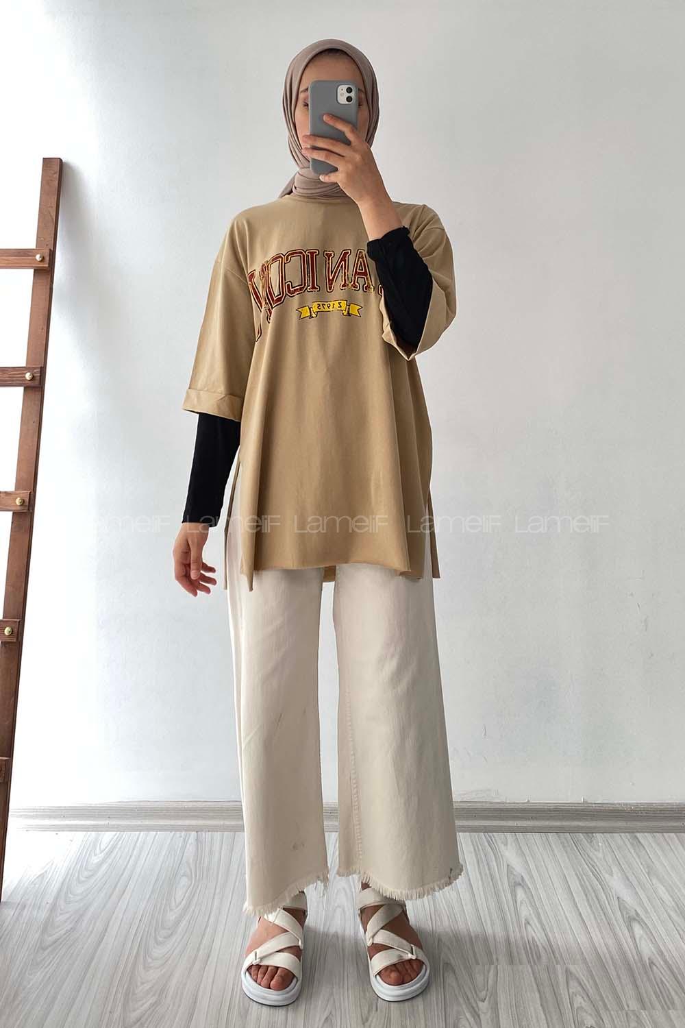 Modalamelif Beanıcon Yazılı Yan Yırtmaçlı Oversize T-Shirt Bej