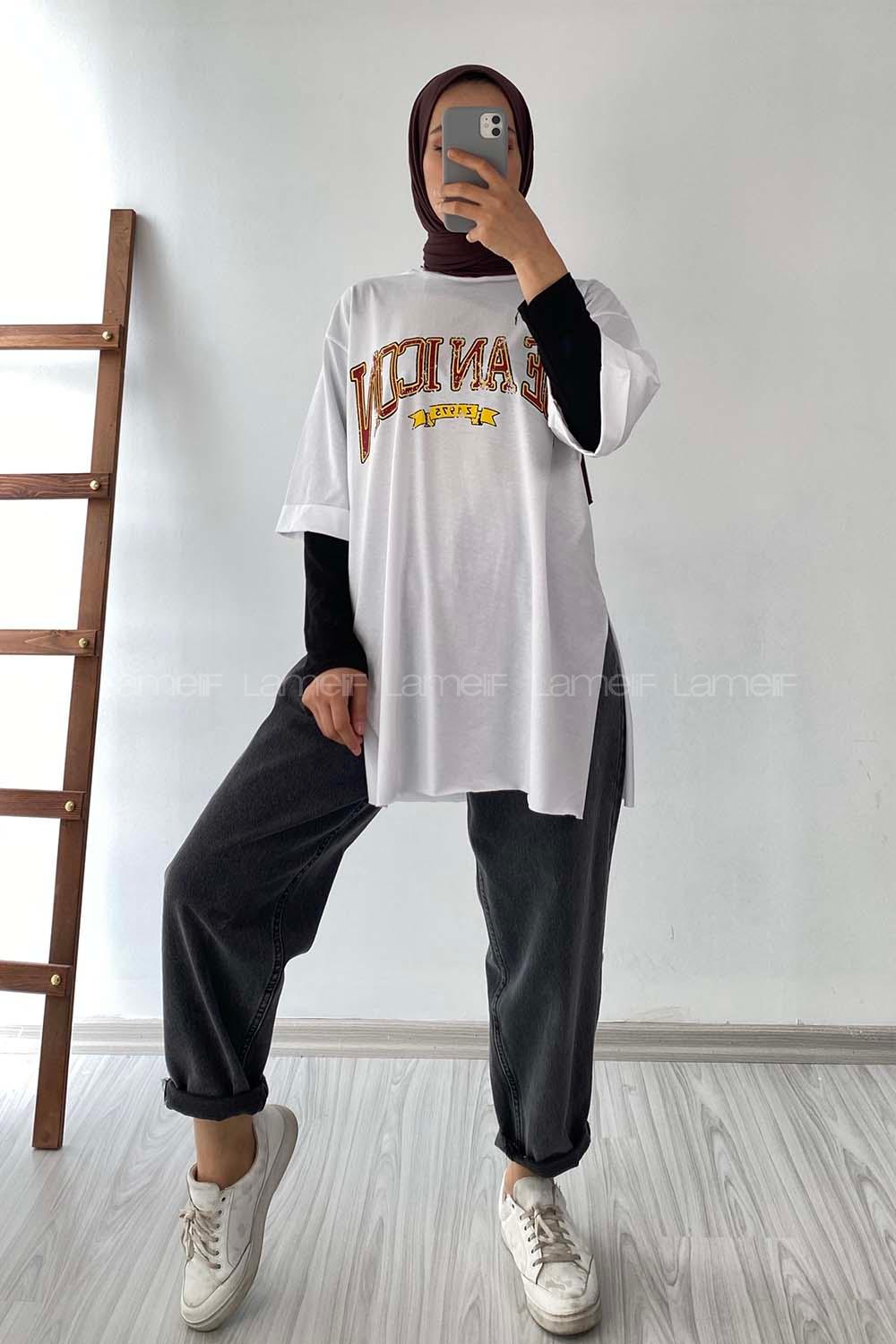 Modalamelif Beanıcon Yazılı Yan Yırtmaçlı Oversize T-Shirt Beyaz