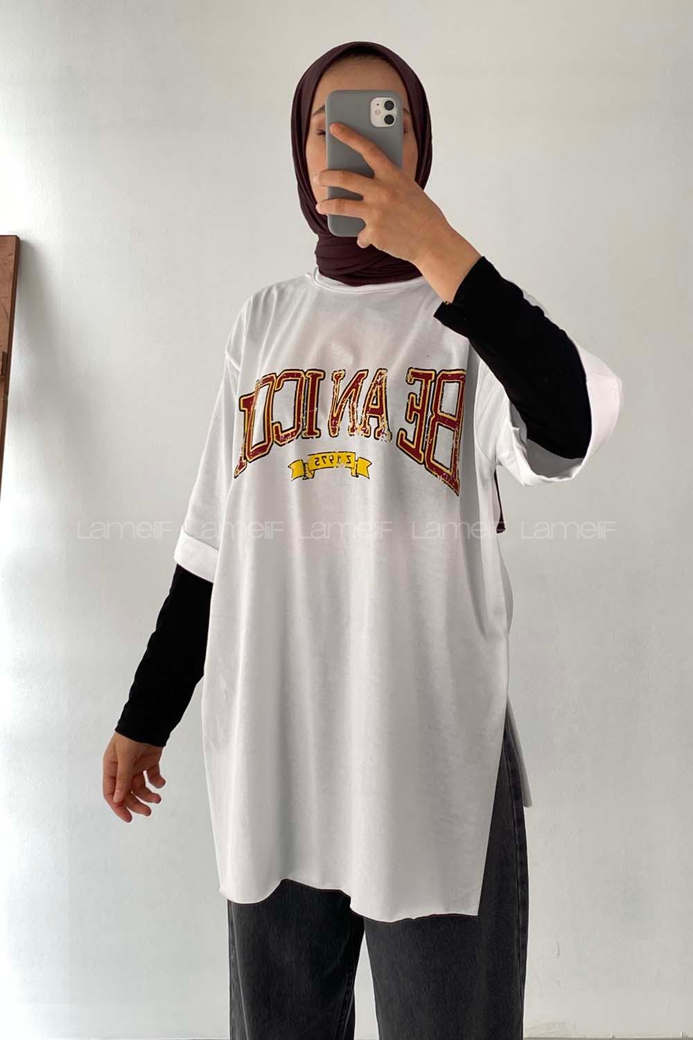 Modalamelif Beanıcon Yazılı Yan Yırtmaçlı Oversize T-Shirt Beyaz