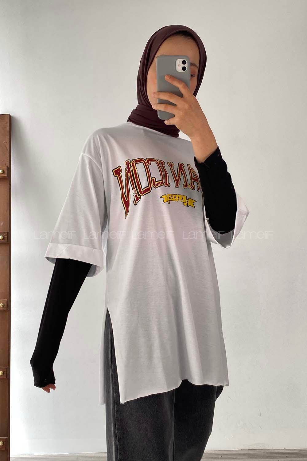 Modalamelif Beanıcon Yazılı Yan Yırtmaçlı Oversize T-Shirt Beyaz