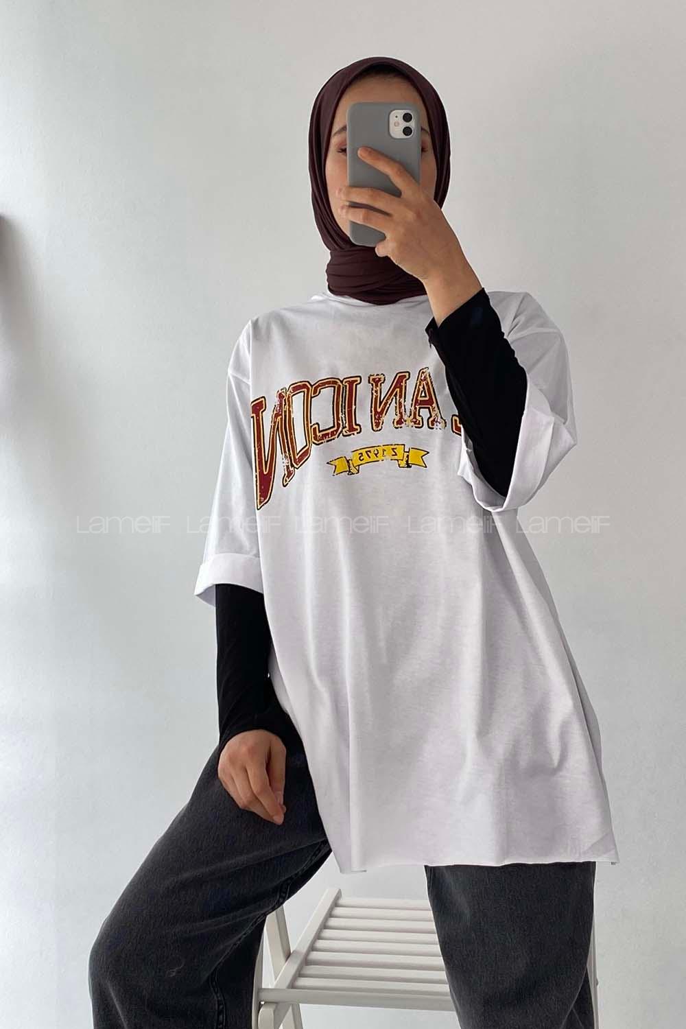 Modalamelif Beanıcon Yazılı Yan Yırtmaçlı Oversize T-Shirt Beyaz