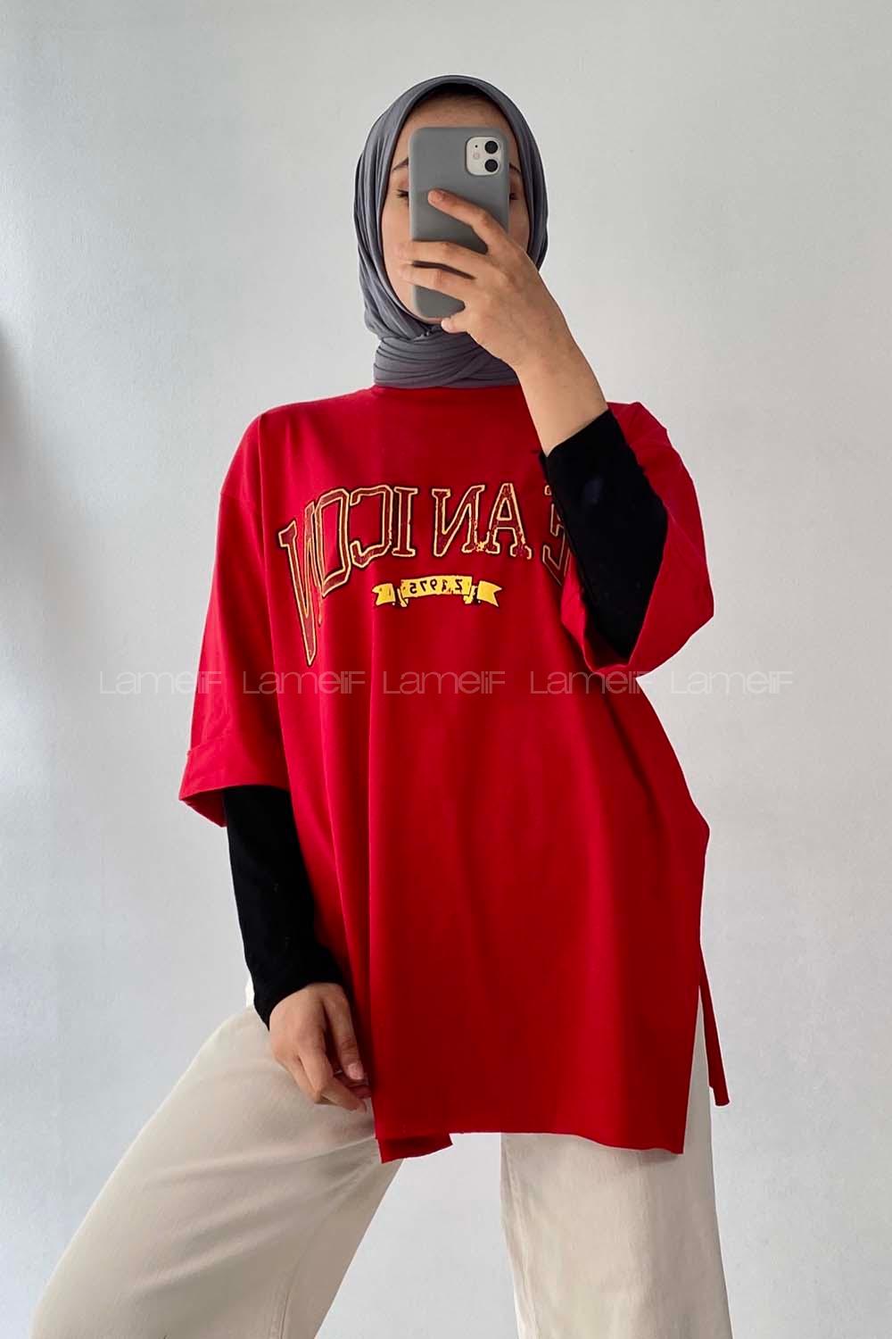 Modalamelif Beanıcon Yazılı Yan Yırtmaçlı Oversize T-Shirt Kırmızı